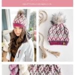 A knitted bulky mosaic beanie with a faux fur pompom is shown, alongside yarn skeins, a woman modeling the hat indoors, and a cozy Granny square ornament. Text reads "Bulky Mosaic Beanie" and includes a website link.