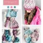 Collage showing crocheted bulky mosaic hats with faux fur pom-poms in pink and blue, yarn skeins, and a woman wearing a pink hat and jacket. Text highlights crochet pattern and features a Granny square ornament for added inspiration.