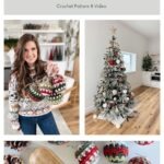 Collage showing a woman holding crocheted baubles, a decorated Christmas tree, and close-up of red, green, and white granny square ornament baubles with pine cones. Text reads "Holiday Weave Baubles.