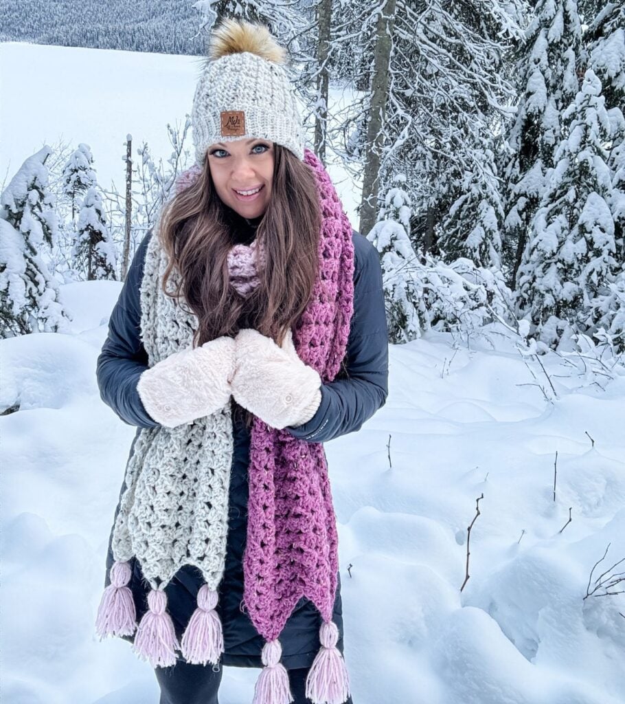 Women modelling Granny Stitch Scarf