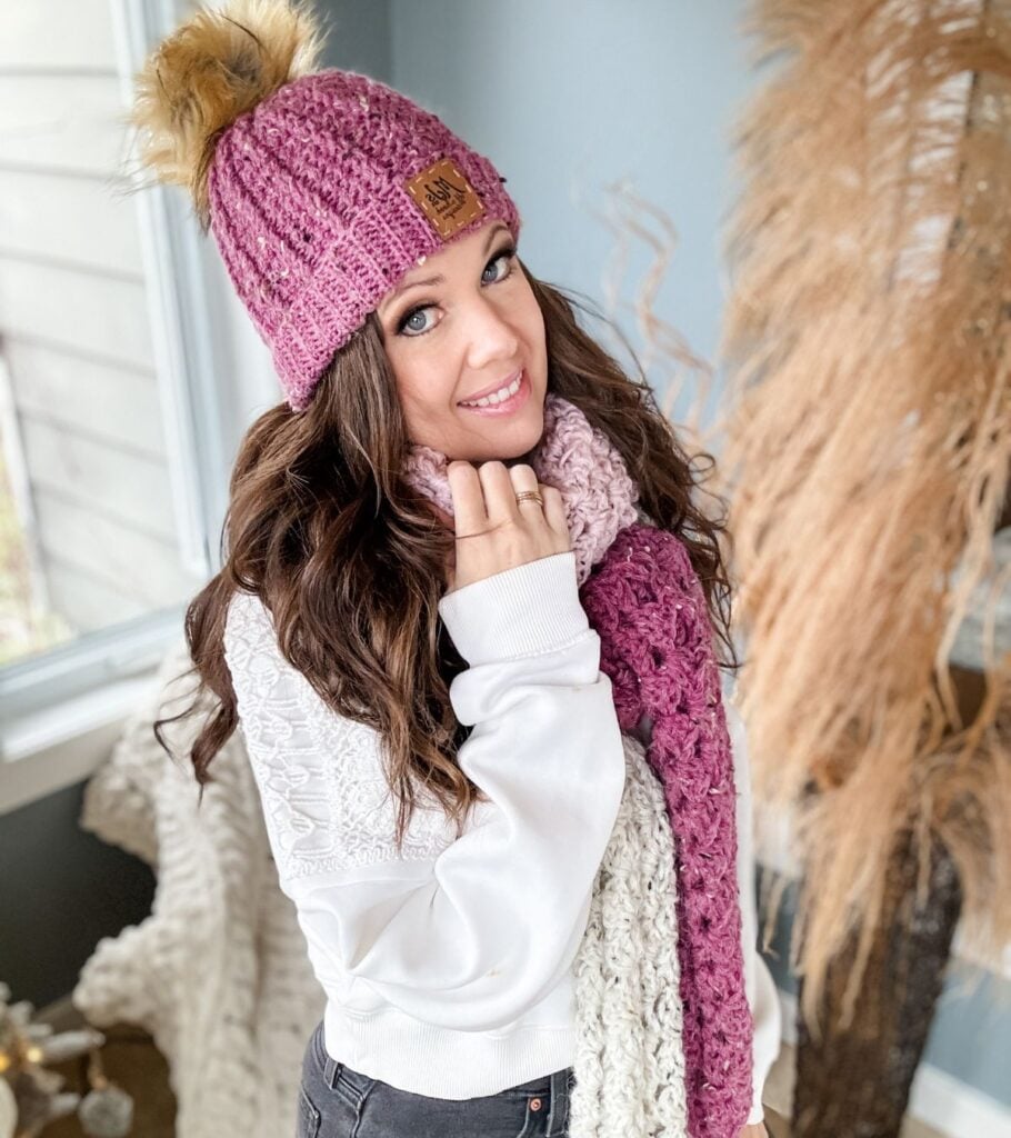 Women modeling crochet hat