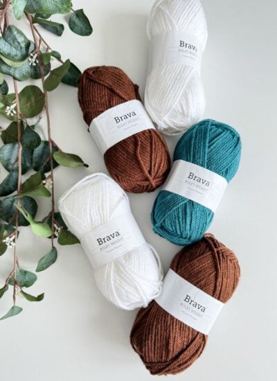 Four balls of yarn with eucalyptus leaves in the background for a children's pullover design.