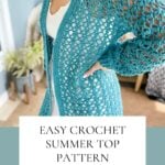 Woman showcasing a handmade crochet cardigan, with a detailed pattern and step-by-step instructions available.