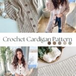 A woman showcasing a handmade crochet cardigan with images displaying the pattern and yarn used in its creation.