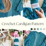 A collage displaying a Crochet Cardigan pattern, yarn, and color samples.