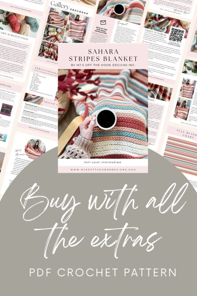 Promotional collage for the "sahara stripes blanket" pdf crochet pattern with a focus on the extras included.