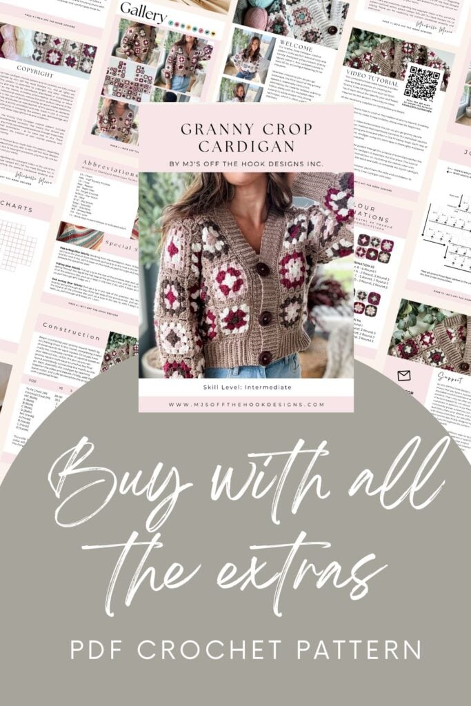 Promotional poster for a granny square crochet cardigan pattern PDF by Off the Hook Designs Inc, featuring images of the cardigan and pattern details.