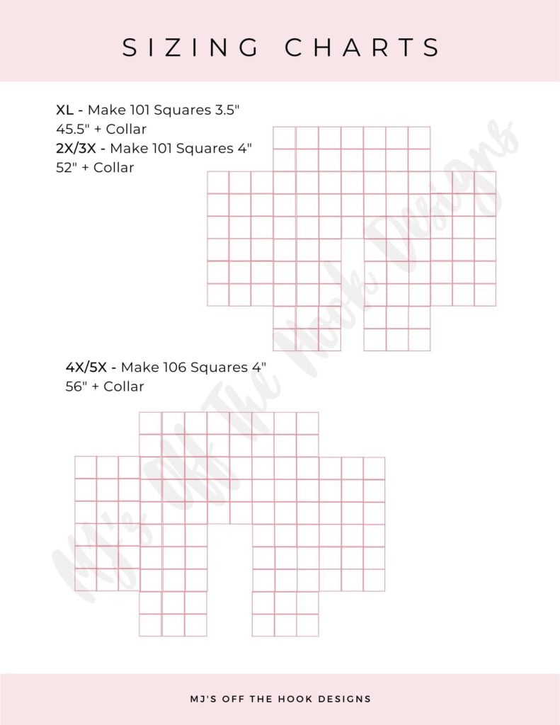 Instructional image showing various sizes of crochet squares marked with stitch counts and labels, such as "xl - make 101 squares 3.5","2x/3x - make 106 squares 4", organized in clusters.