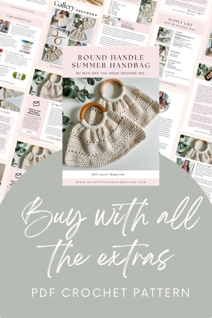Advertisement for a free crochet purse pattern of a round handle summer handbag by Mrs. of the Hook Designs, featuring images of the handbag and text overlays.