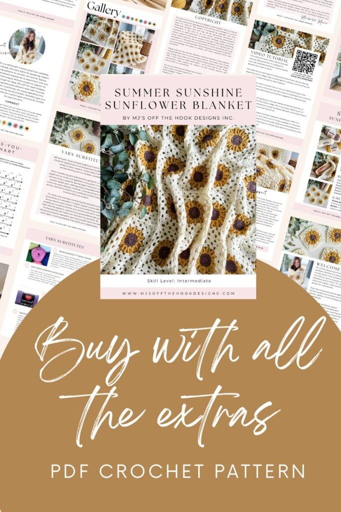 Promotional image for a pdf crochet pattern featuring the "summer sunshine sunflower blanket," with text overlays and multiple images showcasing the blanket's design and details.
