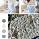 Woman wearing a light crochet mesh top and denim skirt stands indoors. The image shows different angles of the outfit. Additionally, a close-up of the crochet sweater pattern is displayed at the bottom.