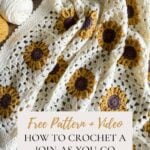 A crochet sunflower blanket, featuring white squares bordered by yellow and centered with brown, alongside yarn skeins. text overlay offers a free pattern and tutorial link.