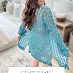 A person wearing a blue, open-knit cardigan stands with their back turned in a cozy bedroom setting. Text reads: "Cabot Trail Cardigan. Crochet Pattern & Video for this elegant crochet mesh top. Sizes XS-5X.