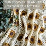 Crochet pattern advertisement for a granny square sunflower blanket, featuring a close-up of the blanket’s design with text overlay.
