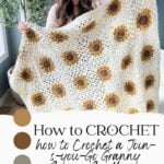 A woman smiling and holding up a large crochet sunflower granny square blanket, with a color palette of white, brown, and yellow below the image.