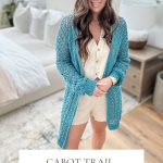 A person wearing a teal crochet mesh top cardigan over a beige outfit stands indoors. The text reads "Cabot Trail Cardigan Crochet Pattern & Video Sizes XS-5X".