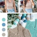         Two images of a woman wearing a sleeveless crochet tank top. Below are two crochet tank tops in beige and teal, balls of yarn, and foliage. Text reads: "FREE CROCHET PATTERN + VIDEO.
