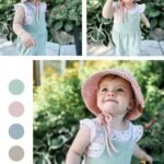 A toddler wearing a crocheted pink hat, a pastel outfit, and an adorable crochet top is seen outdoors in a garden in three different poses. "FREE CROCHET PATTERN + VIDEO" is written at the bottom of the image.