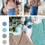 Woman modeling a crochet tank top, front and back views. Below, yarn and two crochet tank tops are displayed. Text states "FREE CROCHET PATTERN + VIDEO.