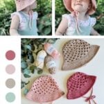 A young child wearing a crocheted sun hat and crochet top is shown in two photos. Below, three sun hats in different colors are displayed alongside four skeins of yarn. Text reads "Free Crochet Pattern + Video.