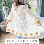         A woman models a stunning Sunflower Cardigan, a white crochet piece adorned with sunflower patterns at the hem. The text below promotes a crochet pattern and video for the cardigan, available in sizes XS-5X.