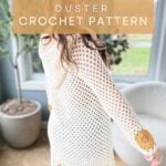 A person models a white crocheted cardigan adorned with sunflower motifs on the sleeves and hem. Text overlay reads: "Sunny Sunflower Cardigan Crochet Pattern. Includes Video Tutorial + XS-5X.