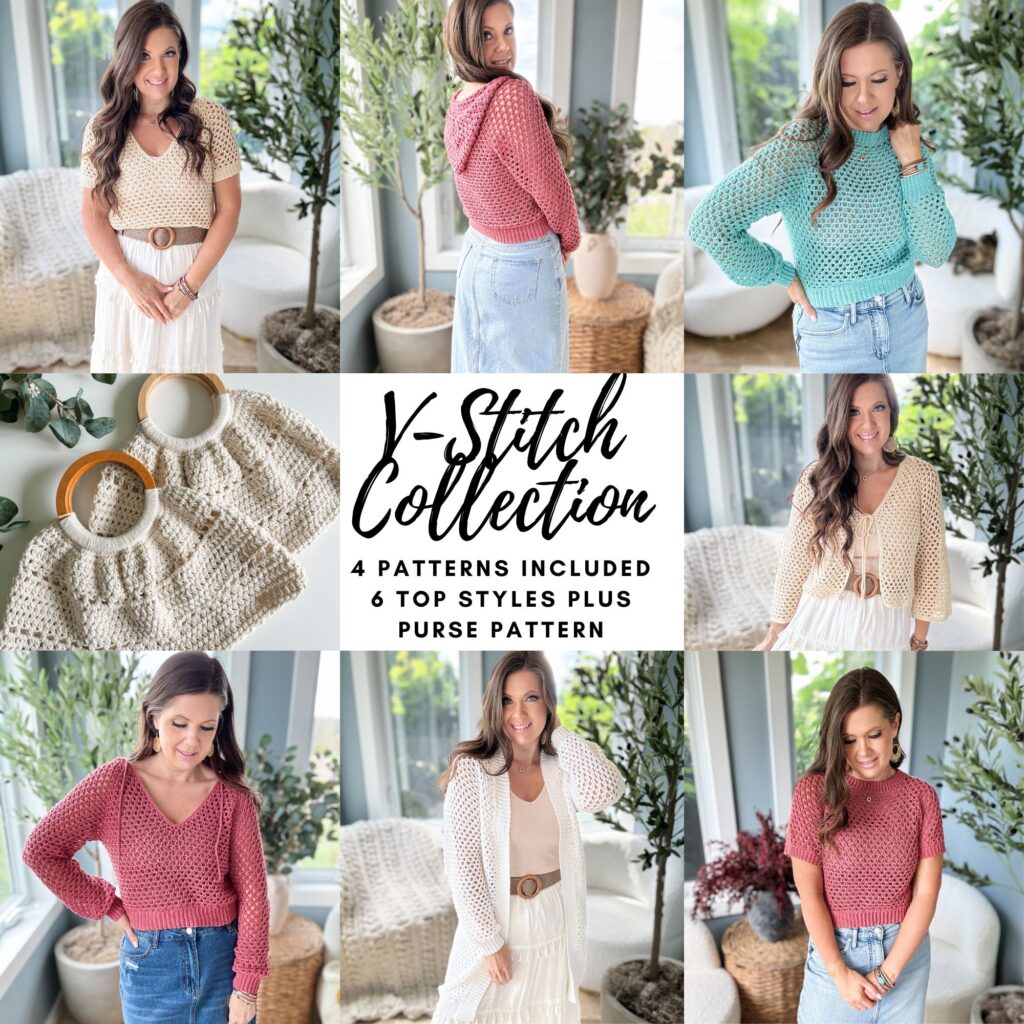 Collage of a woman modeling different crochet tops and displaying handmade purses, including a stylish summer cardigan. Text in the center reads "V-Stitch Collection: 4 Patterns Included, 6 Top Styles Plus Purse Pattern.
