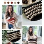 Collage shows a woman holding handmade crochet baskets with autumn color palettes, featuring Granny Stitch Basket designs, accompanied by an assortment of yarn. Basket designs and color schemes are displayed. Website link: mjsoffthehookdesigns.com.