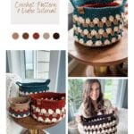Collage of crochet baskets and a person holding one, accompanied by text "Fall for Granny Stitch Baskets: Crochet Pattern & Video Tutorial." The website "mjsoffthehookdesigns.com" is at the bottom.