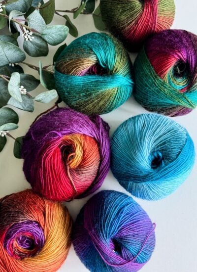 Seven balls of colorful gradient yarn in various vibrant shades are arranged on a white surface next to a sprig of leafy greenery, perfect for crafting a cheerful Granny Stitch Hat.