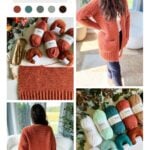 A collage featuring a woman wearing a peach crochet cardigan, yarns in various colors, and close-ups of the cardigan. Text reads "Fuzzy Peach Crochet Cardigan" and the website "mjsoffthehookdesigns.com.