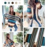 A woman models a vibrant multicolored crochet cardigan with blue, brown, and beige hues. The images showcase various angles and intricate details of the cardigan. Text reads "Cascade Cardigan Crochet Pattern.