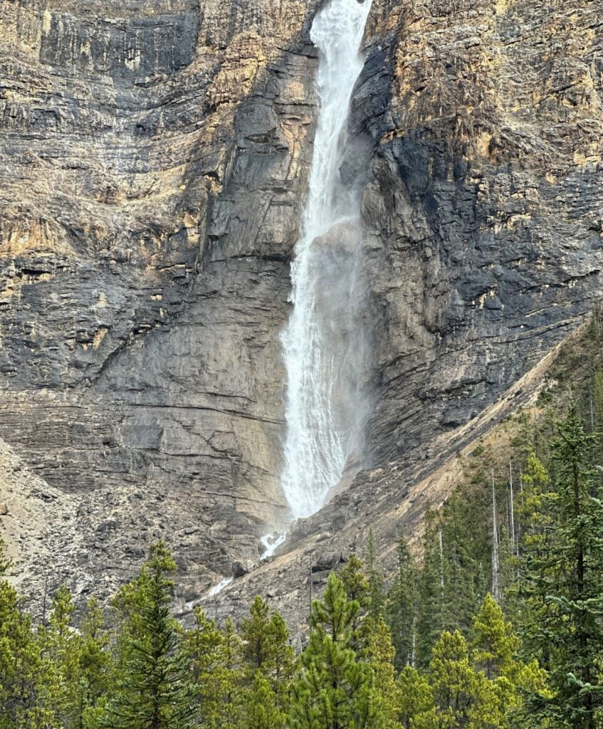 A tall waterfall cascades down a rugged cliff, surrounded by green pine trees, much like the intricate patterns of a Granny Stitch Hat.