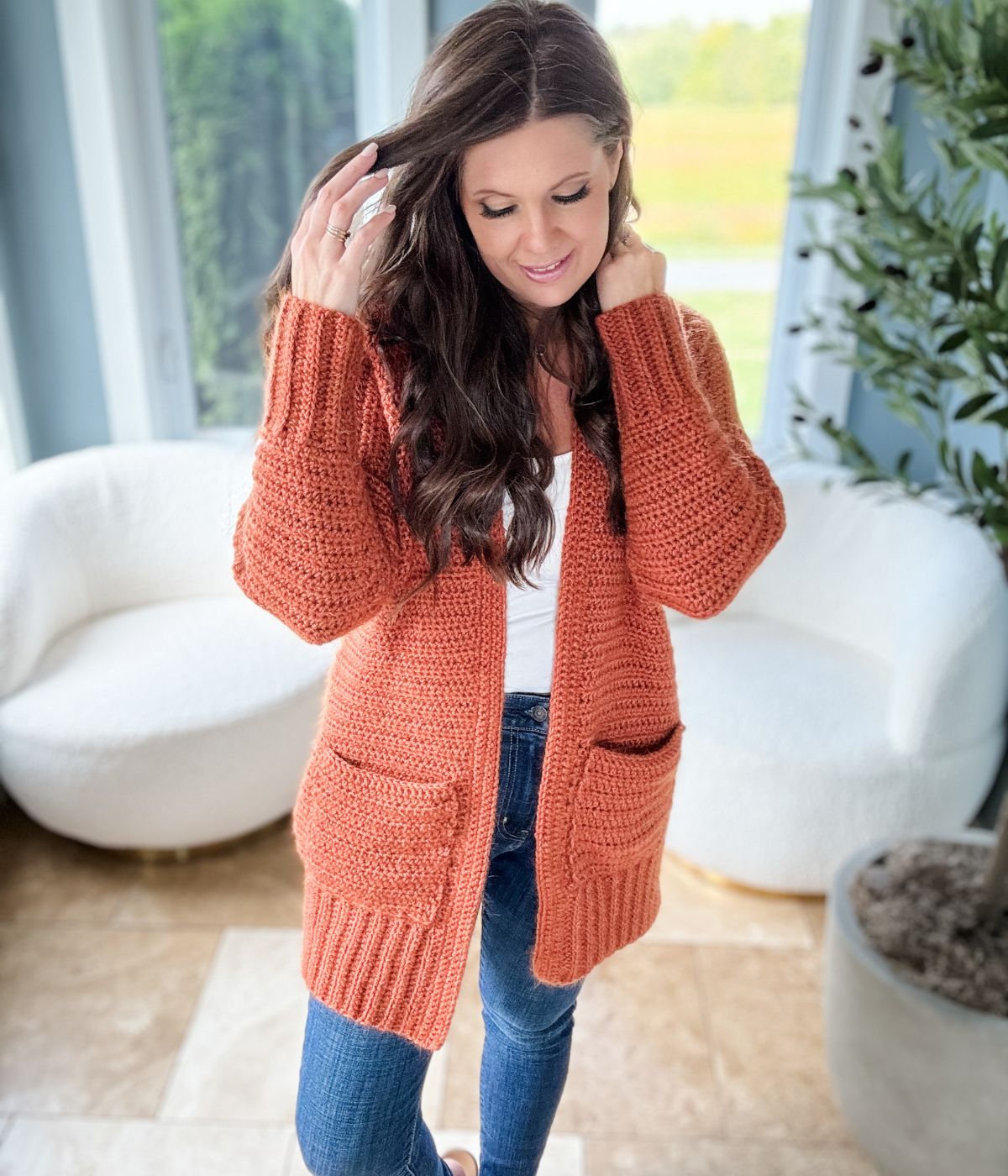 Fuzzy Peach Cardigan - MJ's off the Hook Designs