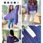 A woman models a vibrant crochet cardigan in various poses, with close-up shots highlighting the intricate pattern details. Text above reads "Cascade Cardigan Crochet Pattern." Website link: mjsoffthehookdesigns.com.