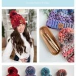 Collage featuring a woman in a Granny Stitch Hat, crochet hooks, and four vibrant Granny Stitch Hats with playful pom-poms arranged on a white background.