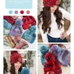 A woman models and displays crocheted hats with pom-poms in various colors and patterns, shown both individually and in groups. Text highlights the handmade charm of the Granny Stitch Hat crochet pattern.