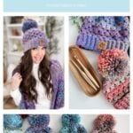 Collage featuring a woman in a Granny Stitch Hat, a close-up of the hat with crochet hooks, and three colorful Granny Stitch Hats with pom-poms arranged side by side.