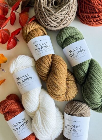 Various colors of "Wool of the Andes" bulky weight yarn are arranged with artificial autumn leaves, showcasing shades of brown, green, white, and orange. Perfect for a rustic farmhouse aesthetic or your next free crochet pattern project.