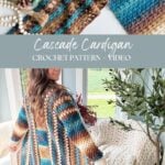 Image displaying a multicolored crochet cardigan with a pattern and video tutorial for the Cascade Cardigan. The cardigan features various shades of blue, brown, and white in a striped design.
