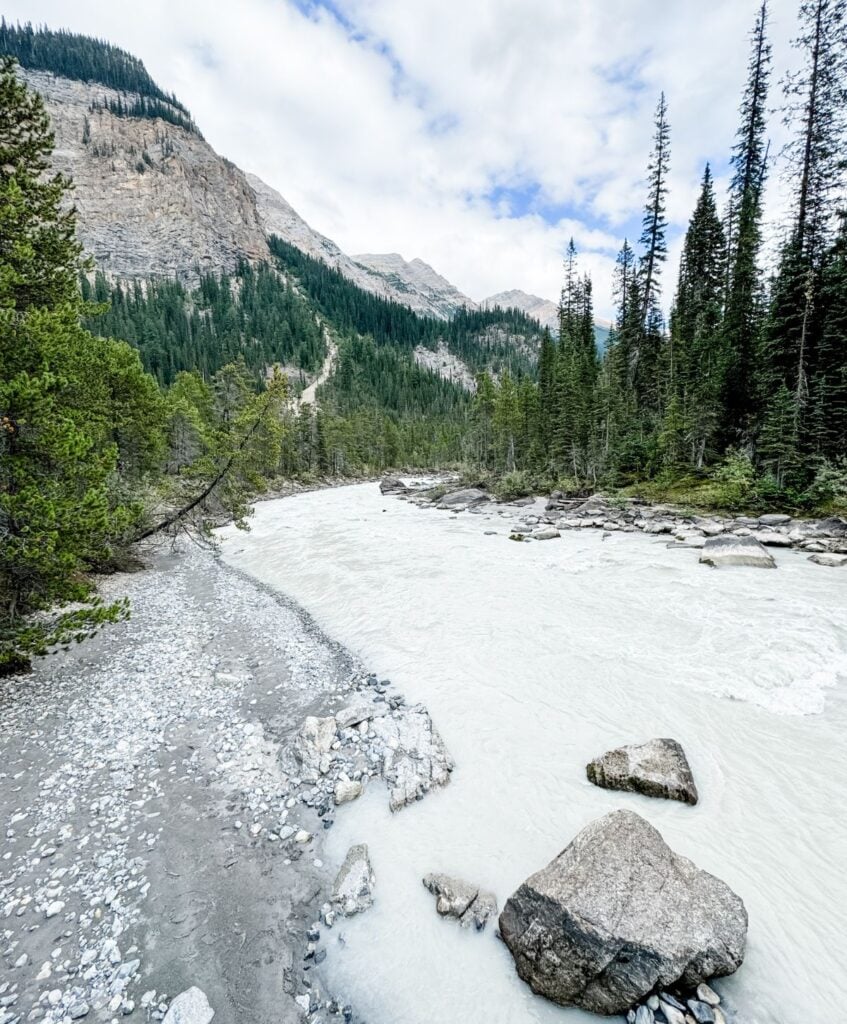 A wide, grayish river flows through a forested valley with rocky shores and mountainous terrain in the background under a cloudy sky, resembling the intricate patterns of a Granny Stitch Hat.