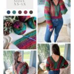 A person modeling a colorful granny stitch crochet pullover sweater. The pullover pattern sizes range from XS-5X. Yarn colors and the pattern in progress are also shown. Website: mjsoffthehookdesigns.com.