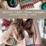 A cozy mosaic crochet cardigan with vibrant patterns is displayed alongside yarn balls. A person models the cardigan in an indoor setting, with text highlighting the intricate crochet design and size details.