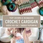 Crochet cardigan with colorful cuffs and hem, displayed alongside yarn. Text overlay: "Top-Down & Seamless Mosaic Crochet Cardigan, Sizes XS-5X - Video Tutorial.