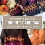 Mosaic crochet cardigan and hat set featuring intricate multicolored patterns. Enjoy a top-down, seamless design with buttons, showcased in various views with yarn. Top text details size range and tutorial for a stylish wardrobe addition.