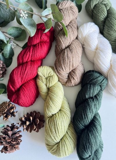 Skeins of yarn in red, brown, white, light green, and dark green are artfully arranged with eucalyptus leaves and pinecones on a white surface, inspiring the cozy creation of a crochet stocking.