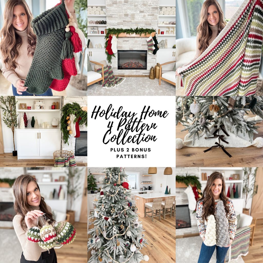 A collage showcasing a holiday home decor collection, featuring crochet stockings, cozy blankets, and charming ornaments. Set against a Christmas tree and inviting living room backdrop, the central text highlights our festive pattern offerings.