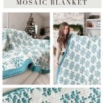 Collage featuring the Snowflake Blanket—a teal and white crochet throw with a delicate snowflake pattern, draped over a couch, showcased by a woman, and highlighted in a close-up of its intricate stitching.