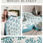 Collage showing a Snowflake Blanket with blue snowflake patterns and a teal border, draped over a sofa and held by a smiling woman in a cozy living room with a fireplace and Christmas tree.