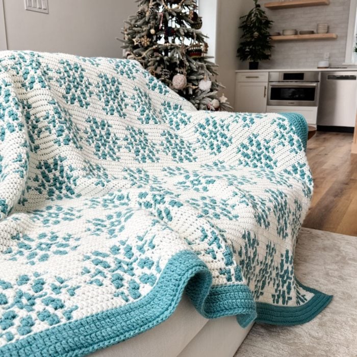 A teal and white crochet blanket, featuring a charming pattern, is draped over a white sofa in the cozy living room. The festive Christmas tree twinkles in the background, adding to the warmth of the snowy season.